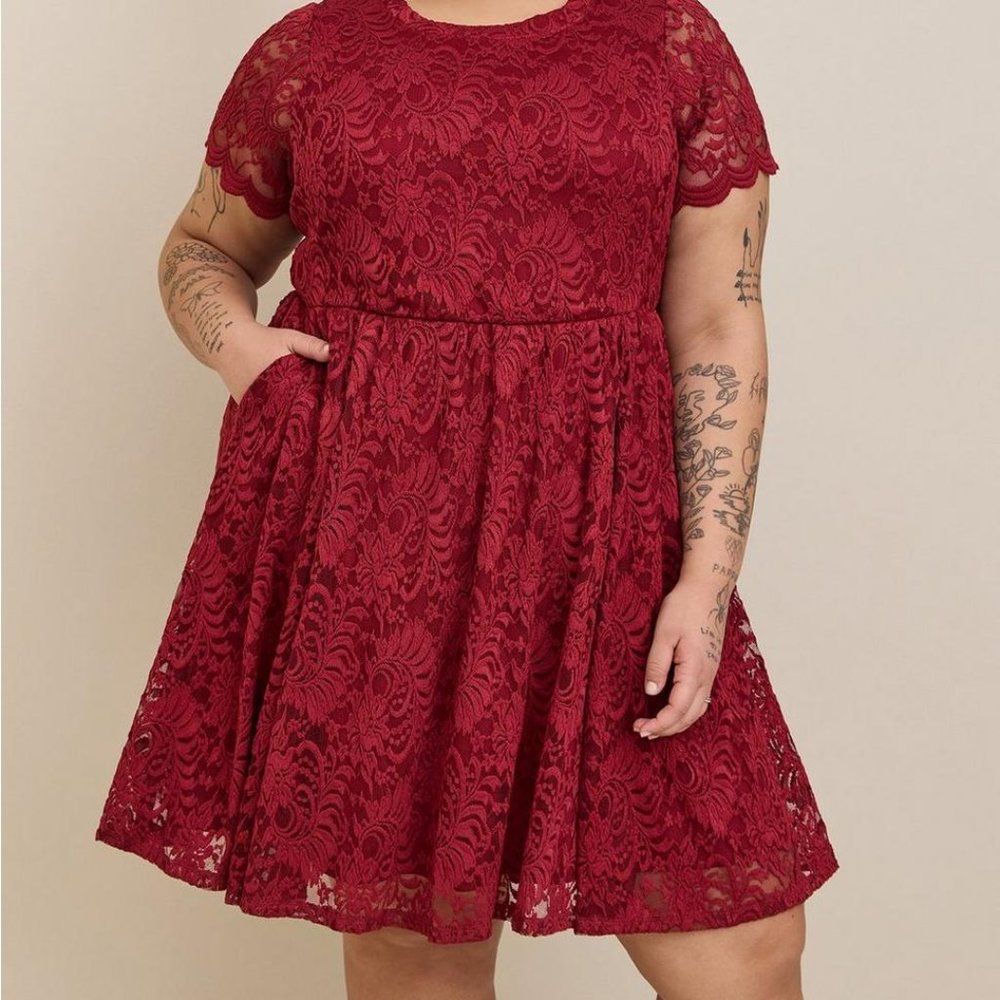 Torrid Mini Lace Ruffle Dress With Pockets color: Burgundy